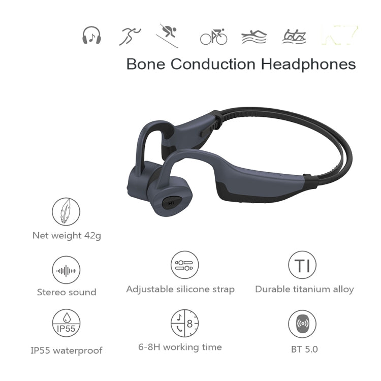 K7 Bone Conduction Bluetooth 5.0 Wireless Earphone Water-resistant Headphones 16GB RAM(Gray)