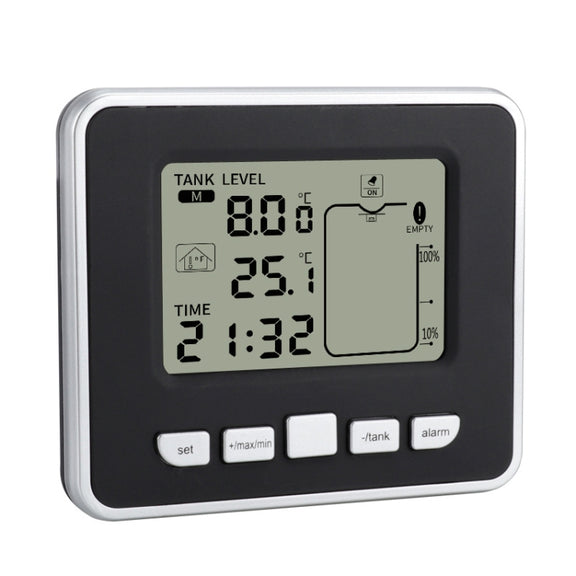 TS-FT002 Multifunctional Ultrasonic Electronic Water Tank Level Gauge With Indoor Temperature Thermometer Clock Display Water Level Gauge