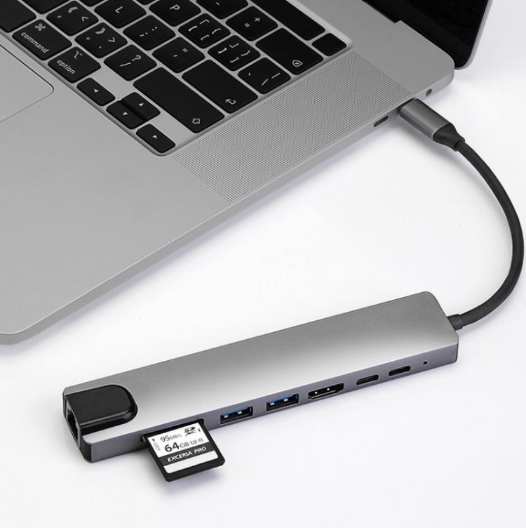 WC7367 8 in 1 87W Type-C to PD+USB3.0x2+SD+TF+HDMI+RJ45+Type-c Docking Station HUB