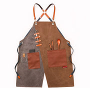 Denim Apron Barber Milk Tea Shop Waiter Overalls(Grey-yellow Hook Strap)
