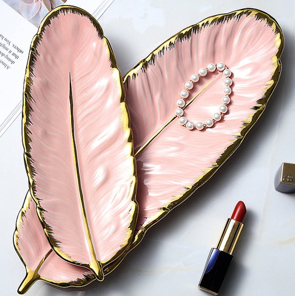 Phnom Penh Ceramic Dessert Plate Feather Plate Banana Leaf Fruit Dried Fruit Storage Tray, Size: Large (Bright Peach Pink)