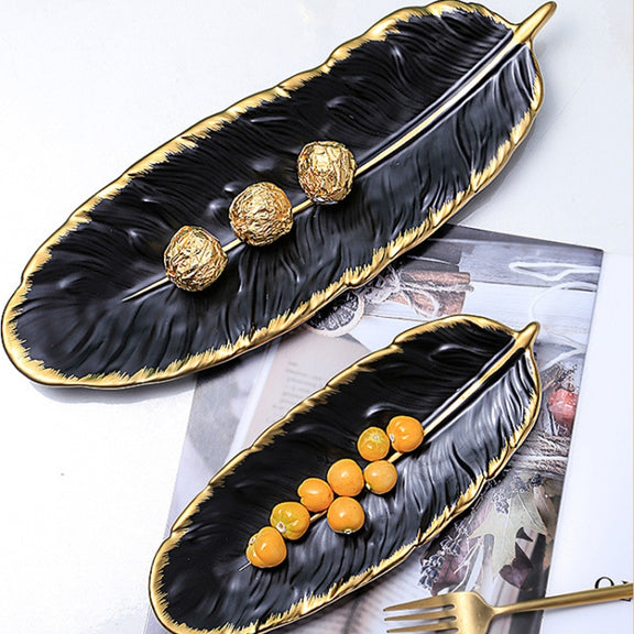 Phnom Penh Ceramic Dessert Plate Feather Plate Banana Leaf Fruit Dried Fruit Storage Tray, Size: Large (Matt Black)