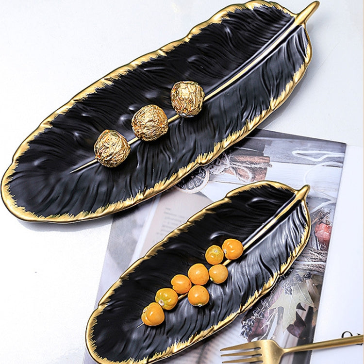 Phnom Penh Ceramic Dessert Plate Feather Plate Banana Leaf Fruit Dried Fruit Storage Tray, Size: Large (Matt Black)