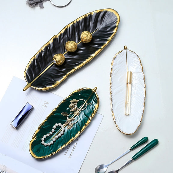 Phnom Penh Ceramic Dessert Plate Feather Plate Banana Leaf Fruit Dried Fruit Storage Tray, Size: Small (Matte  Black)