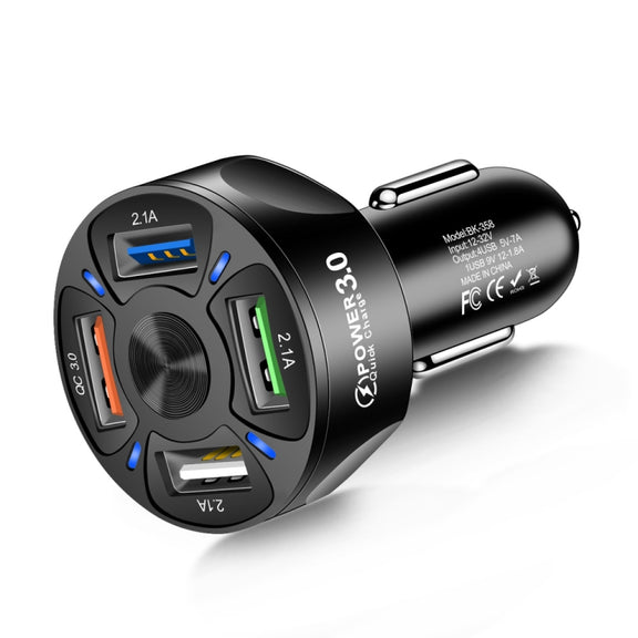 2 PCS BK-358 3A QC3.0 4USB Car Charger One For Four Mobile Phone Car Charger(Black)