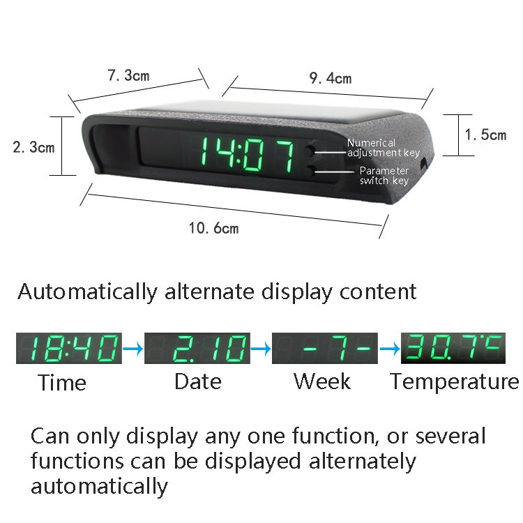 Solar Night Light Car Clock Automotive Electronic Clock Temperature Time+Date+Week+Temperature(White Light)