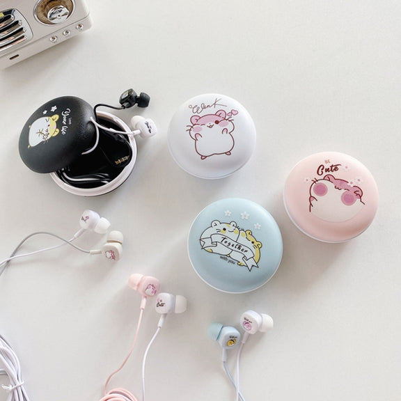 2 Pairs Heavy Bass Wired Headset Mobile Phone Universal Headset with Storage Box & Microphone(Pink Rat + Storage Box)
