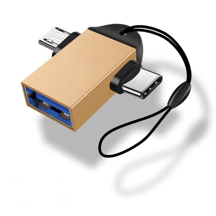 10 PCS LI-09 USB 3.0 Female to USB-C / Type-C + Micro USB Male Multi-Function OTG Adapter with Lanyard(Gold) - OTG Adapter by PMC TechLife | Online Shopping South Africa | PMC TechLife | Buy Now Pay Later Mobicred