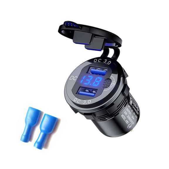 Aluminum Alloy Double QC3.0 Fast Charge With Button Switch Car USB Charger Water-resistant Car Charger Specification: Black Shell Blue Light With Terminal