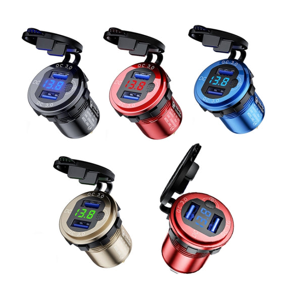 Aluminum Alloy Double QC3.0 Fast Charge With Button Switch Car USB Charger Water-resistant Car Charger Specification: Blue Shell Blue Light With Terminal