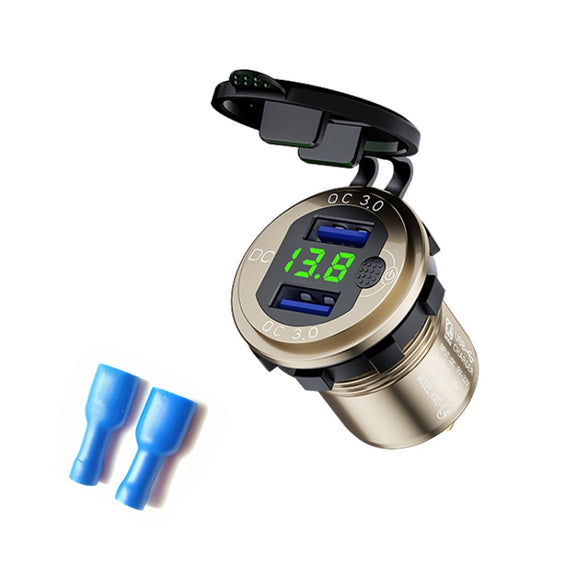 Aluminum Alloy Double QC3.0 Fast Charge With Button Switch Car USB Charger Water-resistant Car Charger Specification: Golden Shell Green Light With Terminal