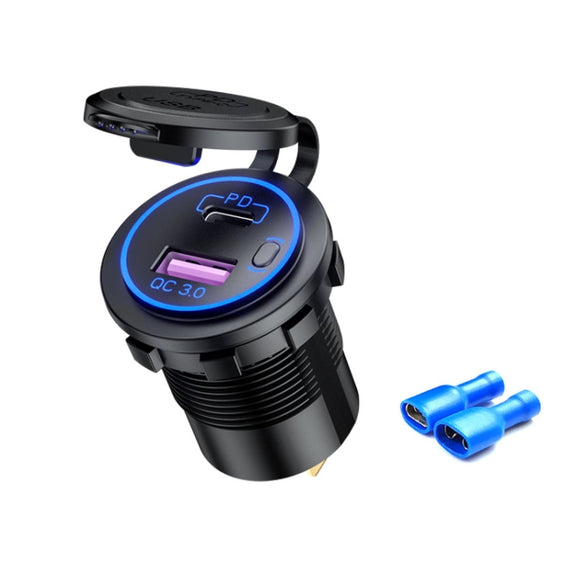 Car Motorcycle Ship Modified USB Charger Water-resistant PD + QC3.0 Fast Charge, Model: Blue Light With Terminal