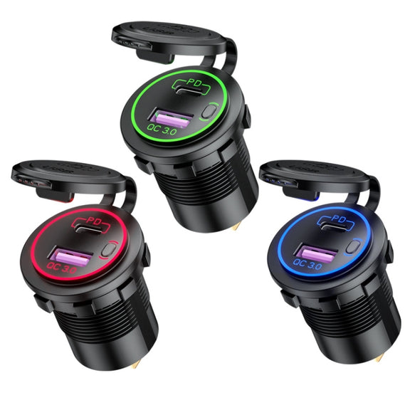 Car Motorcycle Ship Modified USB Charger Water-resistant PD + QC3.0 Fast Charge, Model: Blue Light With Terminal