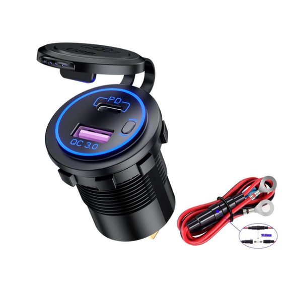Car Motorcycle Ship Modified USB Charger Water-resistant PD + QC3.0 Fast Charge, Model: Blue Light With 60cm Line