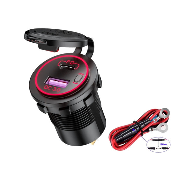 Car Motorcycle Ship Modified USB Charger Water-resistant PD + QC3.0 Fast Charge, Model: Red Light With 60cm Line