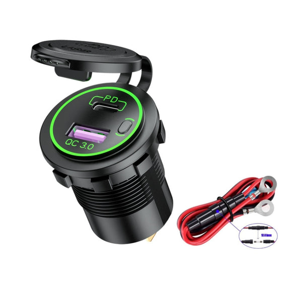 Car Motorcycle Ship Modified USB Charger Water-resistant PD + QC3.0 Fast Charge, Model: Green Light With 60cm Line