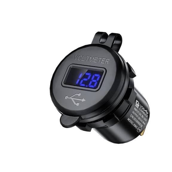 Car Motorcycle Modified USB Charger QC3.0 Metal Water-resistant Fast Charge(Black Shell Blue Light)