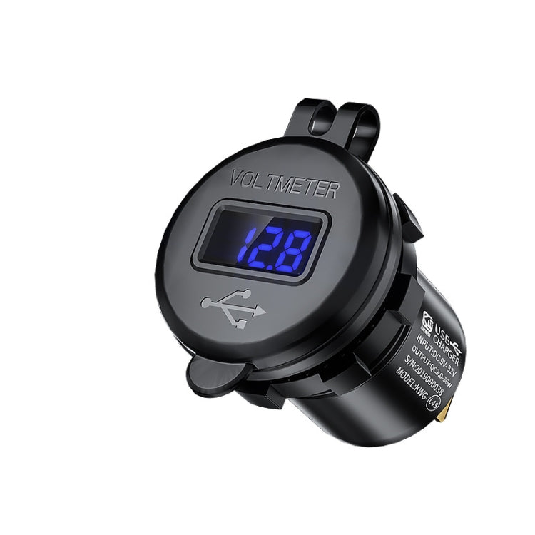 Car Motorcycle Modified USB Charger QC3.0 Metal Water-resistant Fast Charge(Black Shell Blue Light)