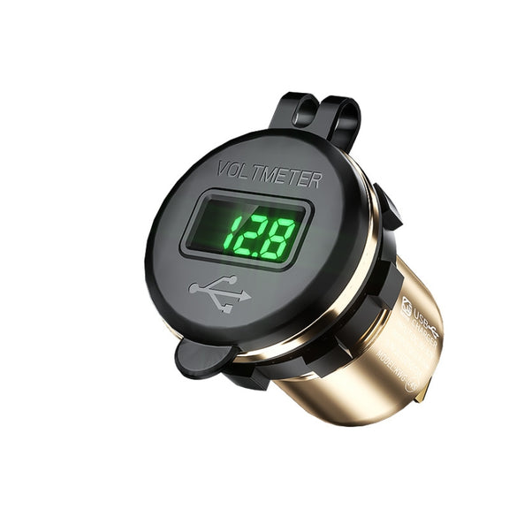 Car Motorcycle Modified USB Charger QC3.0 Metal Water-resistant Fast Charge(Golden Shell Green Light)