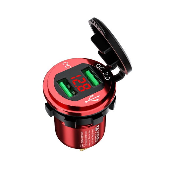 Car Motorcycle Modified USB Charger QC3.0 Metal Water-resistant Fast Charge(Red Shell Red Light)