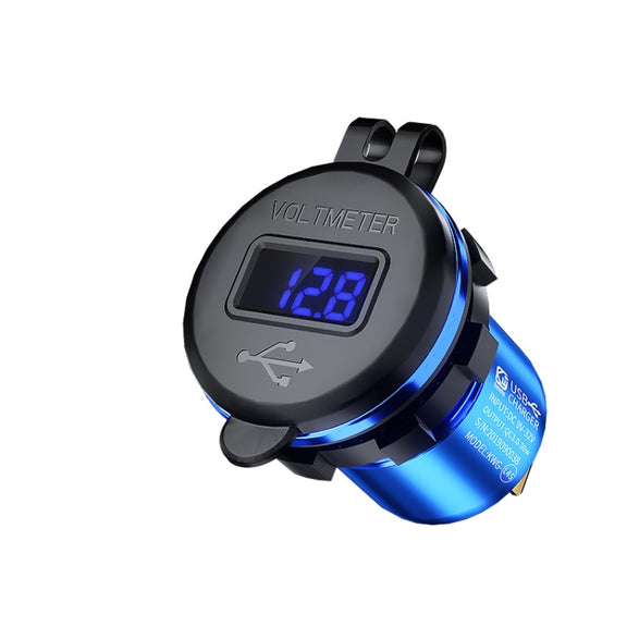Car Motorcycle Modified USB Charger QC3.0 Metal Water-resistant Fast Charge(Blue Shell Blue Light))
