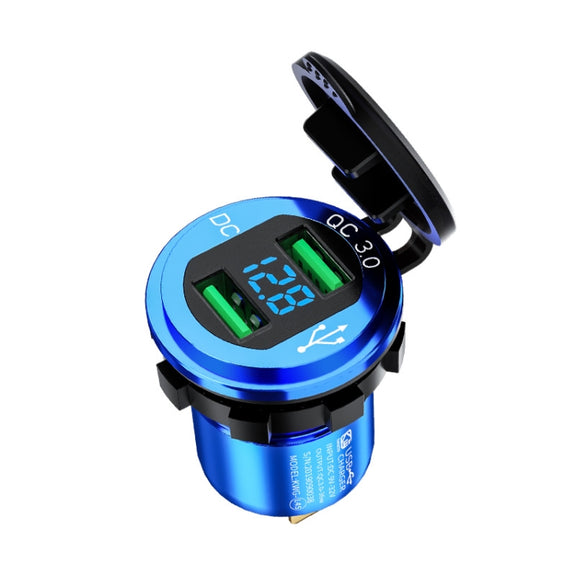 Car Motorcycle Modified USB Charger QC3.0 Metal Water-resistant Fast Charge(Blue Shell Blue Light))