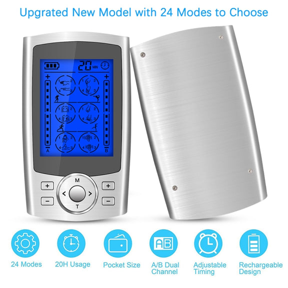 24-Mode Digital Electronic Pulse Massager Intelligent Whole Body Physical Therapy Meridian Massager, Specification: EU Plug( Silver)