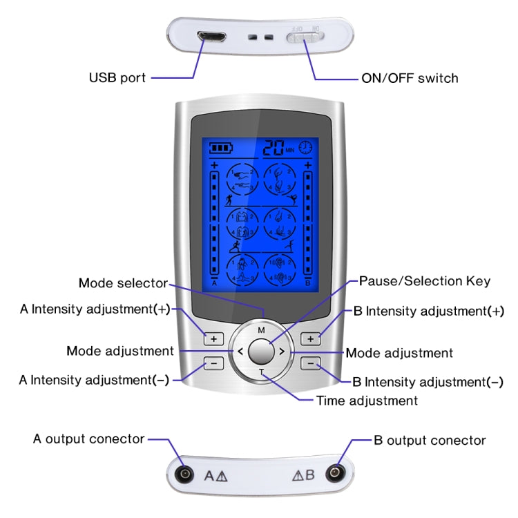 24-Mode Digital Electronic Pulse Massager Intelligent Whole Body Physical Therapy Meridian Massager, Specification: EU Plug( Silver)