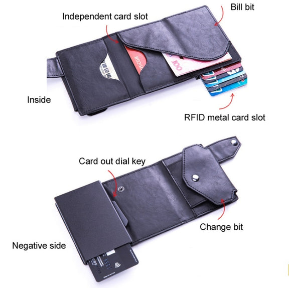 Anti-Theft Aluminum Alloy Coin Purse RFID Anti-Degaussing Automatic Pop-Up PU Bank Card Bag(Mad Horse Blue)