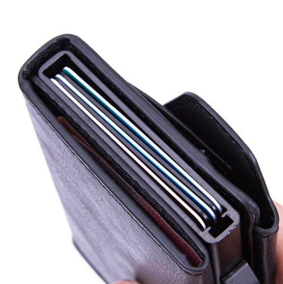 Anti-Theft Aluminum Alloy Coin Purse RFID Anti-Degaussing Automatic Pop-Up PU Bank Card Bag(Mad Horse Blue)