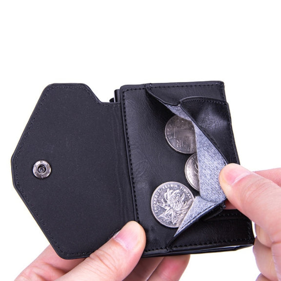 Anti-Theft Aluminum Alloy Coin Purse RFID Anti-Degaussing Automatic Pop-Up PU Bank Card Bag(Mad Horse Blue)