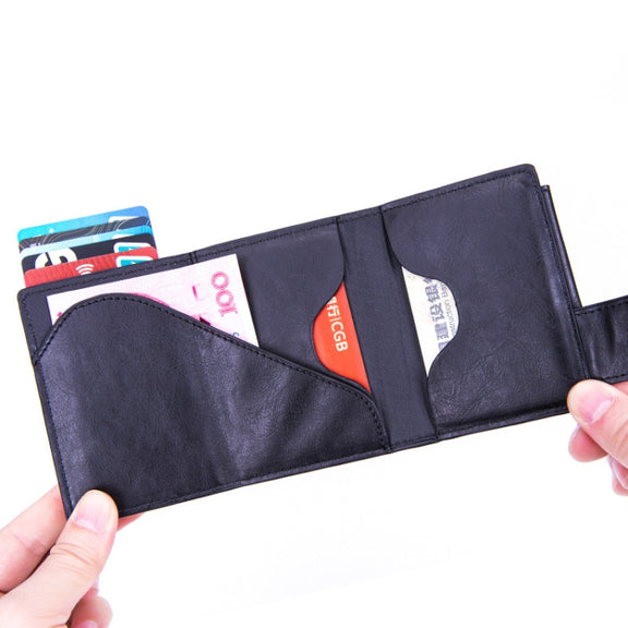 Anti-Theft Aluminum Alloy Coin Purse RFID Anti-Degaussing Automatic Pop-Up PU Bank Card Bag(Mad Horse Blue)