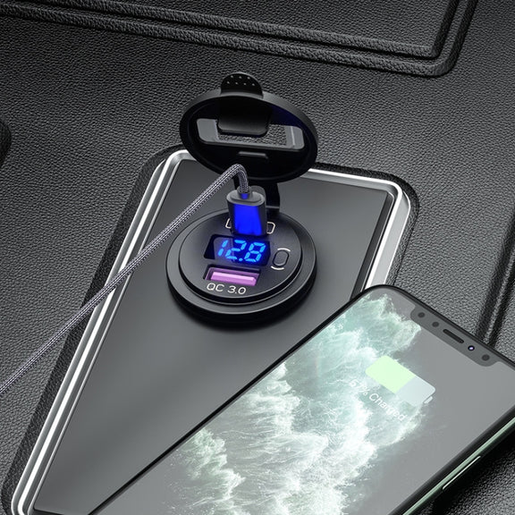 12V Modified Car USB Charger With Voltage Display PD QC3.0 Socket(With Terminal Blue Light)