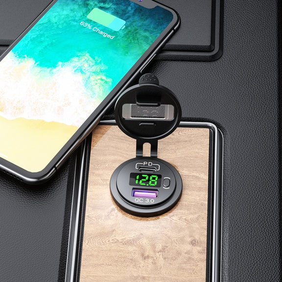 12V Modified Car USB Charger With Voltage Display PD QC3.0 Socket(With Terminal Green Light)