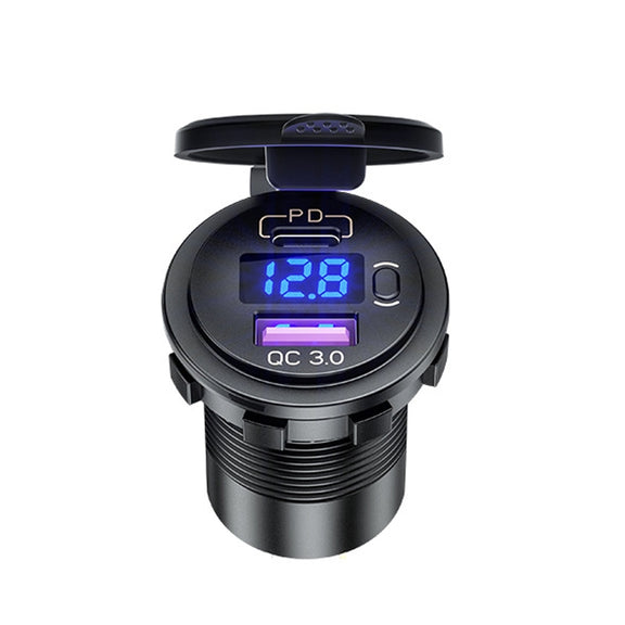 12V Modified Car USB Charger With Voltage Display PD QC3.0 Socket(With Terminal Green Light)