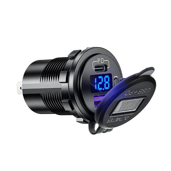 12V Modified Car USB Charger With Voltage Display PD QC3.0 Socket(With Terminal Green Light)