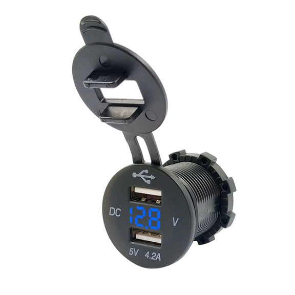 4.2A Dual USB With Voltage Display Mobile Phone Charger Socket Power Supply 12V Car Motorcycle(Blue Light)