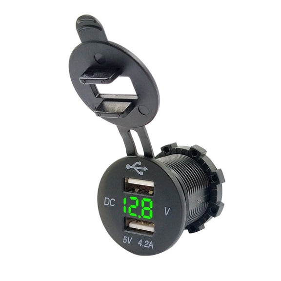 4.2A Dual USB With Voltage Display Mobile Phone Charger Socket Power Supply 12V Car Motorcycle(Green Light)