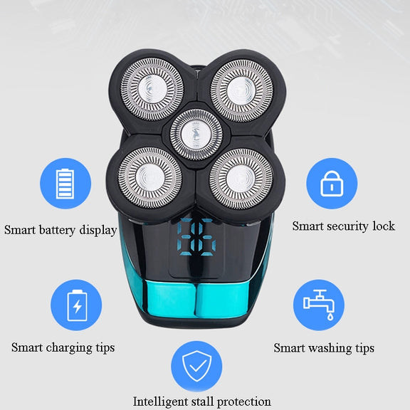 Electric Shaver Rechargeable Razor Intelligent Digital Display Bald Hair Clipper,Style: Blue + Full Set