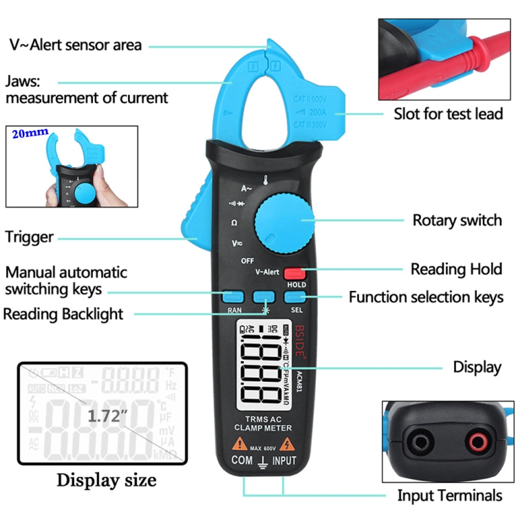 BSIDE ACM81 Digital Clamp Meter Auto-Rang 1mA Accuracy 200A Current DC AC Multimeter(Black) - Digital Multimeter by BSIDE | Online Shopping South Africa | PMC Jewellery | Buy Now Pay Later Mobicred