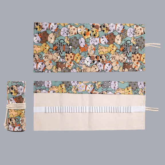 48  Holes Cotton Canvas Large Capacity Pen Curtain Big Face Cute Cat Cartoon Color Pencil Bag