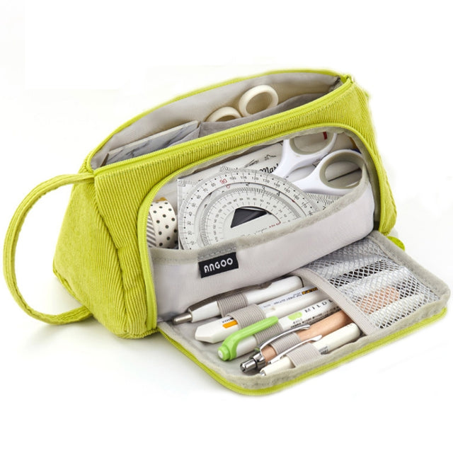 Angoo Student Large-Capacity Stationery Bag Portable Gift Cosmetic Bag(Grass Green  Corduroy)