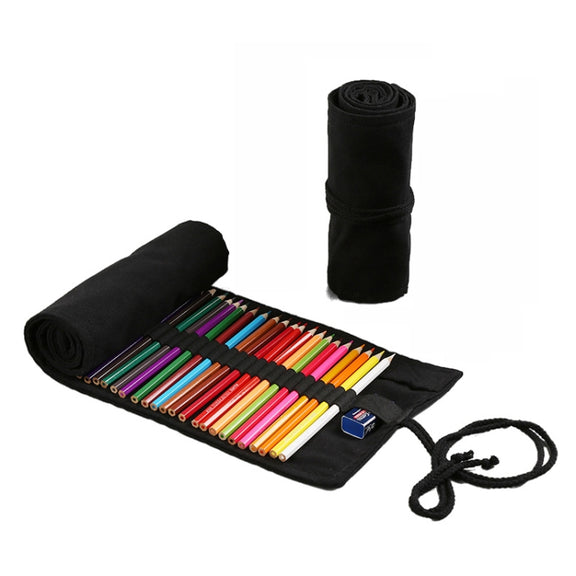 48  Holes Pure Black Handmade Canvas Roll Pen Bag Large Capacity Boy And Girl Sketch Color Pencil Curtain