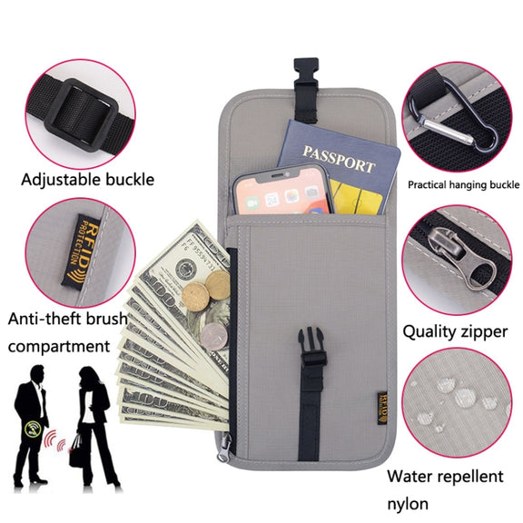 1062 Travel Passport Bag RFID Multi-Function Document Holder Hanging Neck Ticket Protective Case(Gray)