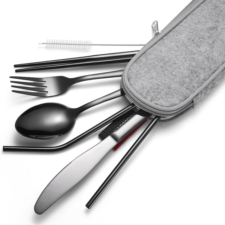 7 in 1 Cutlery Spoon Chopsticks And Straw Set Stainless Steel Portable Cutlery Set, Specification: Black+ Light Bag - free shipping - PMC TechLife - Order now!
