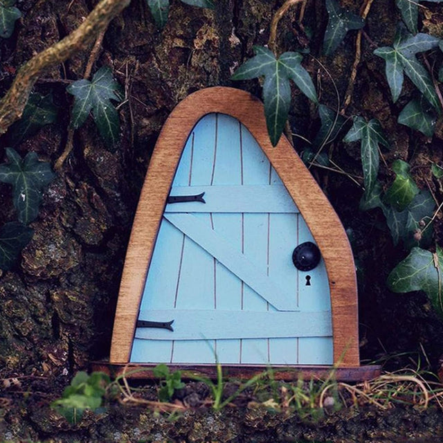 Courtyard Wooden Miniature Fairy Dwarf Door Tree Decoration(Oval Door (Blue))