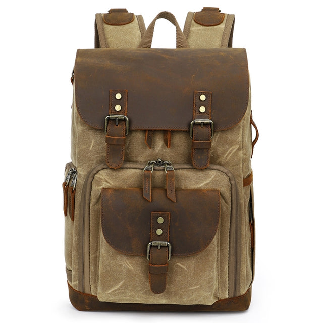 K-86 Casual Shoulder Camera Bag Contrast Water-resistant Batik Canvas Single Digital Camera Photo Backpack(Khaki)