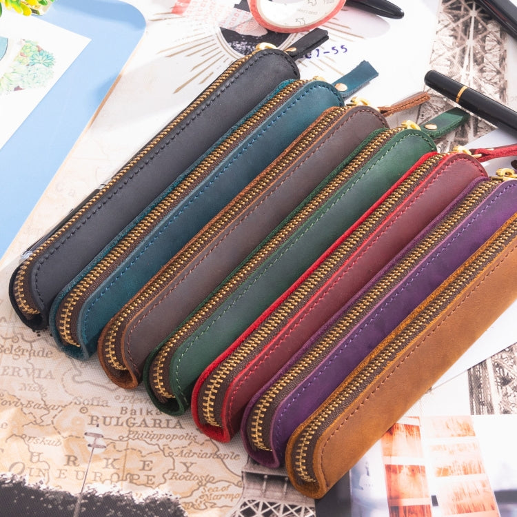 Retro Simple Leather Stylus Leather Zipper Pen Protection Case Crazy Horse Skin Mini Pen Case(Blue)