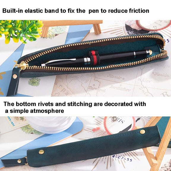 Retro Simple Leather Stylus Leather Zipper Pen Protection Case Crazy Horse Skin Mini Pen Case(Blue)