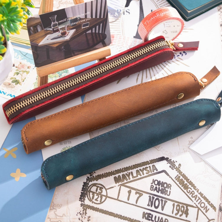 Retro Simple Leather Stylus Leather Zipper Pen Protection Case Crazy Horse Skin Mini Pen Case(Ink Green) - Pen Holder by PMC TechLife | Online Shopping South Africa | PMC TechLife
